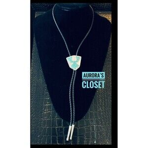 Faux Turquoise Bolo Tie Faux Leather Cord Silver Metal Tips